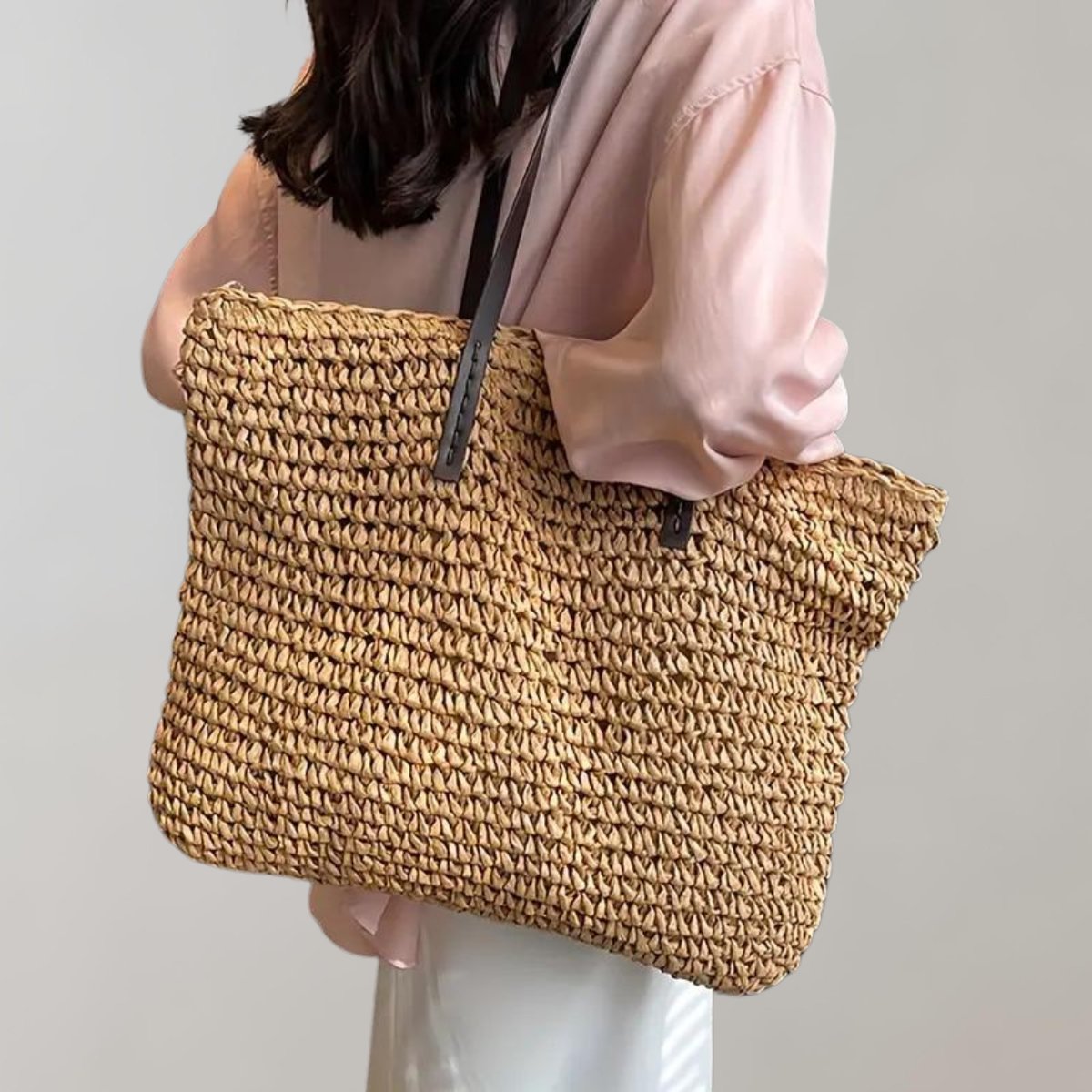 Women's Large Woven Raffia Bohemian Shoulder Tote Bag - Khaki