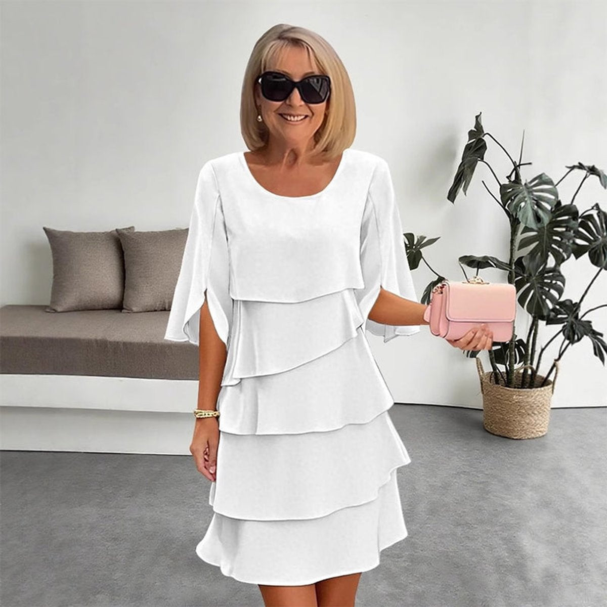 Women's Layered Ruffle Flared Sleeve Midi Dress - White