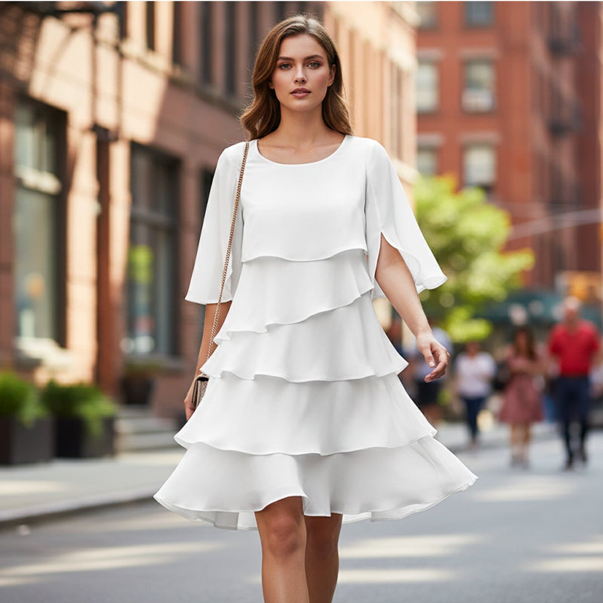 Women's Layered Ruffle Flared Sleeve Midi Dress