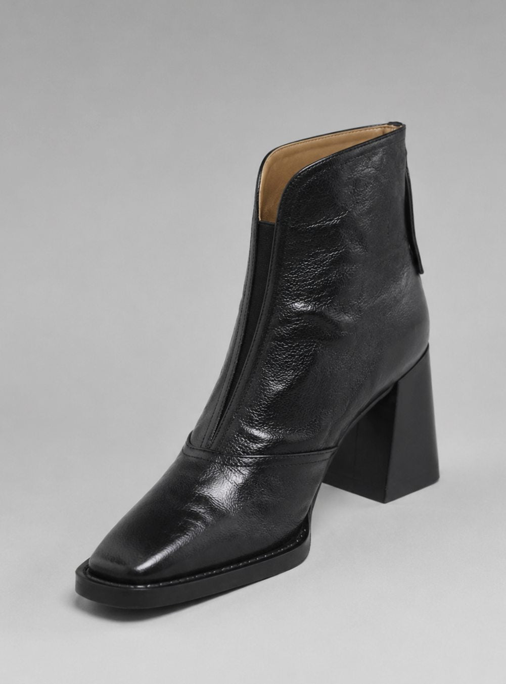 Women's Leather Block Heel Ankle Boots Square Toe - Black