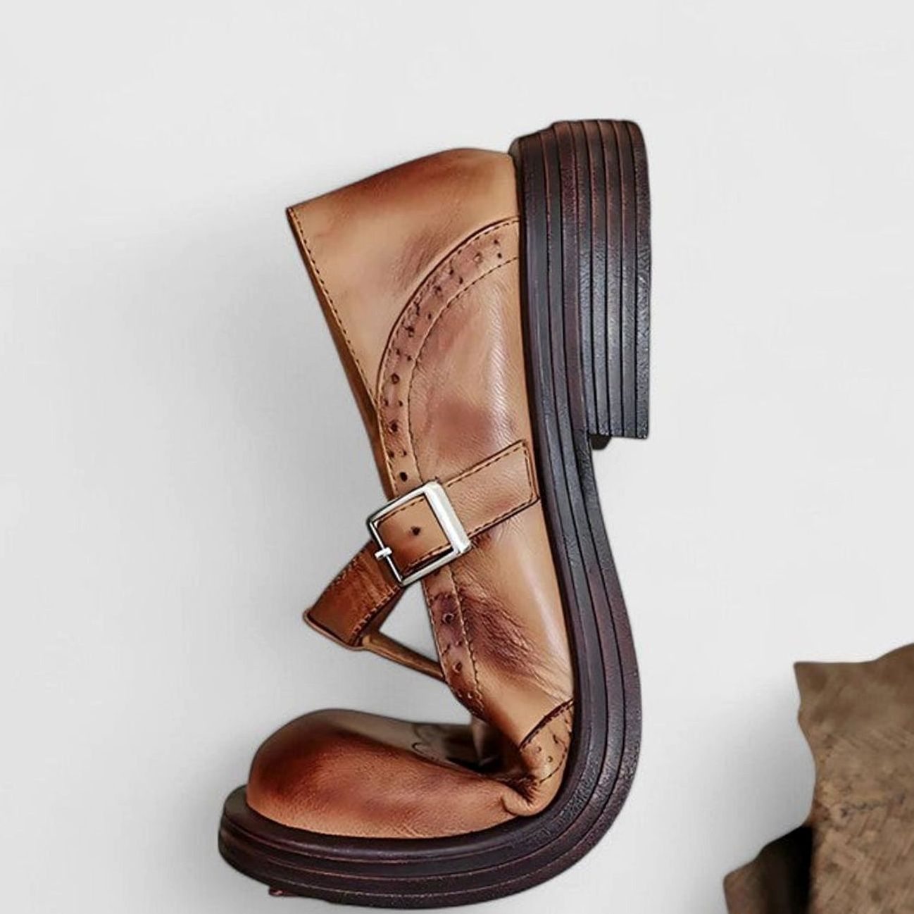 Women's Leather Brogue T-Strap Shoes Buckle Flat