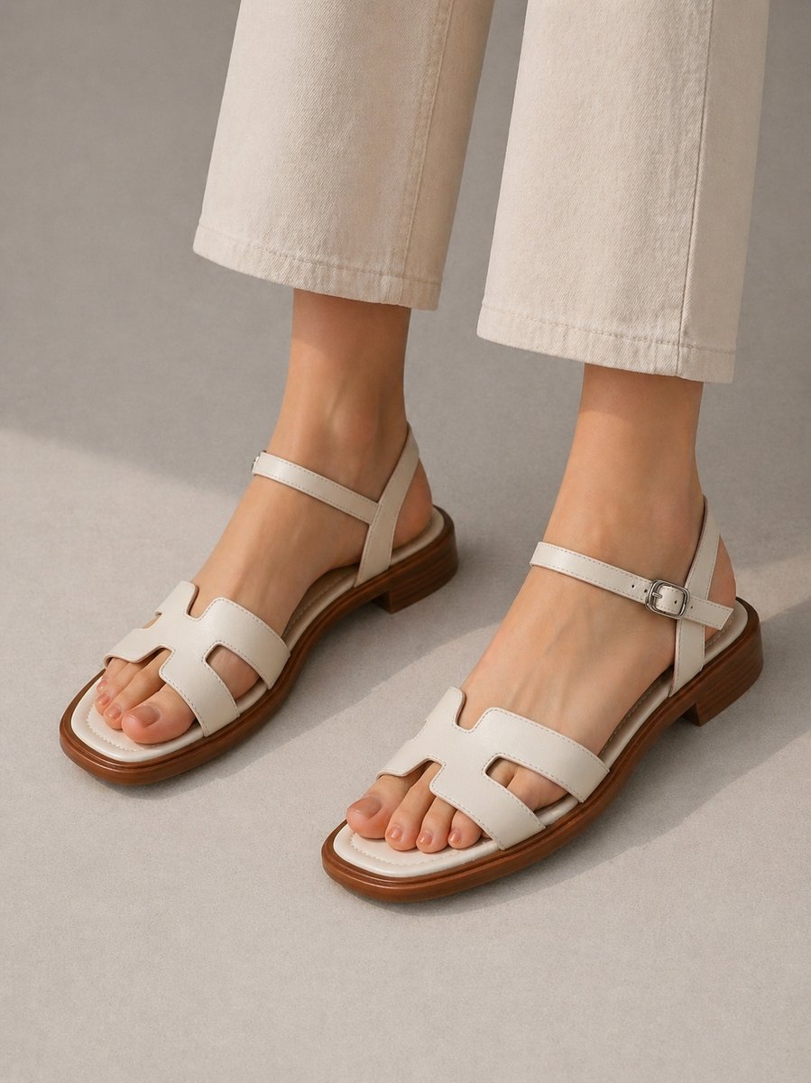 Women's Leather H-Bar Ankle Strap Flat Sandals