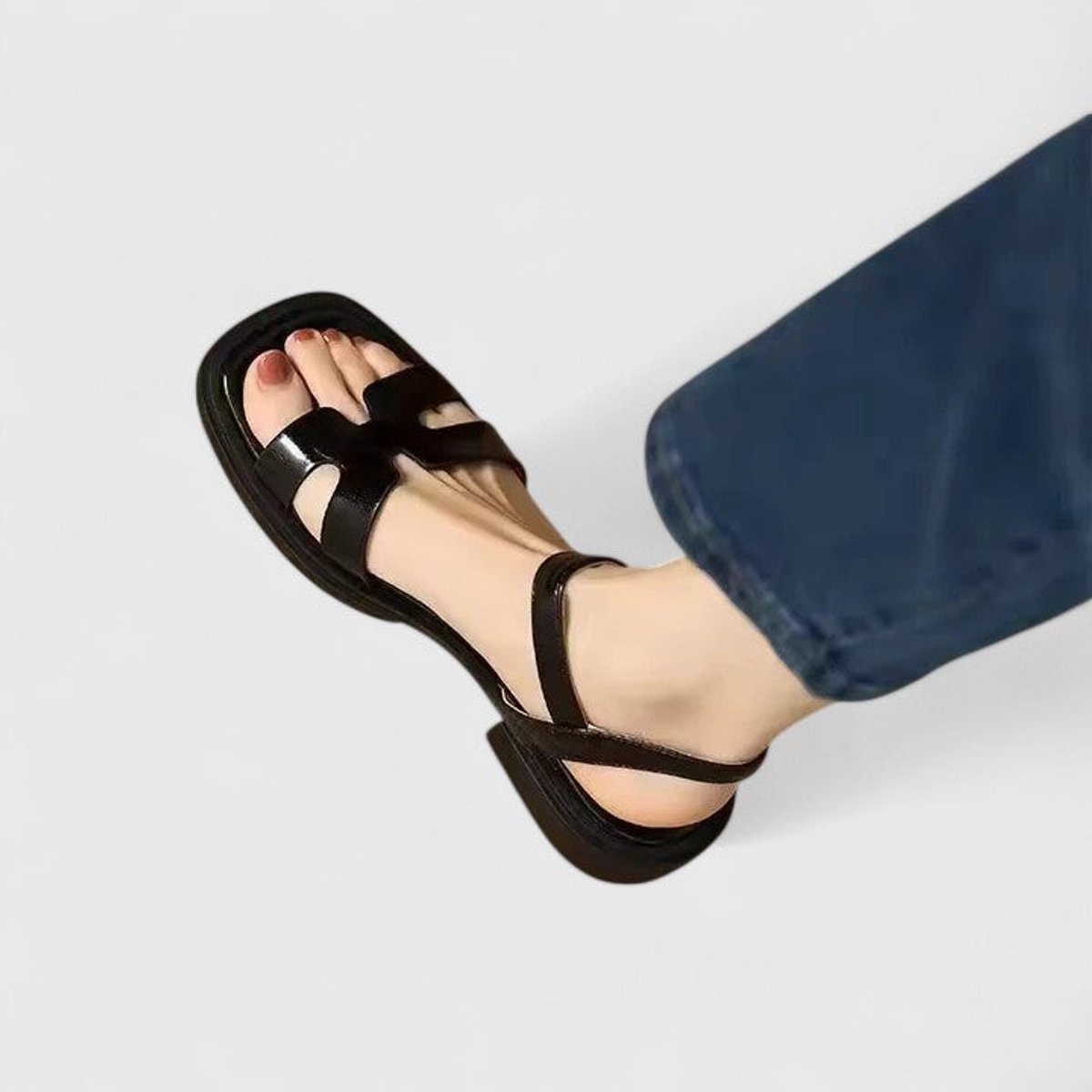 Women's Leather H-Bar Ankle Strap Flat Sandals - Black