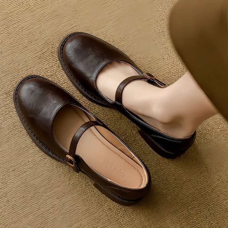 Women's Leather Mary Jane Flat Shoes Adjustable Strap Low Block Heel