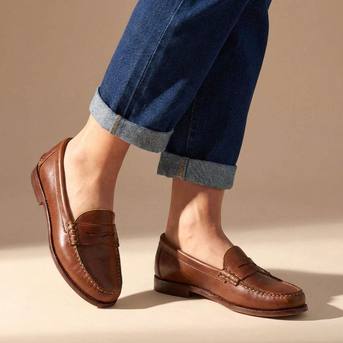 Women's Leather Penny Loafers with Moccasin Stitching - Brown