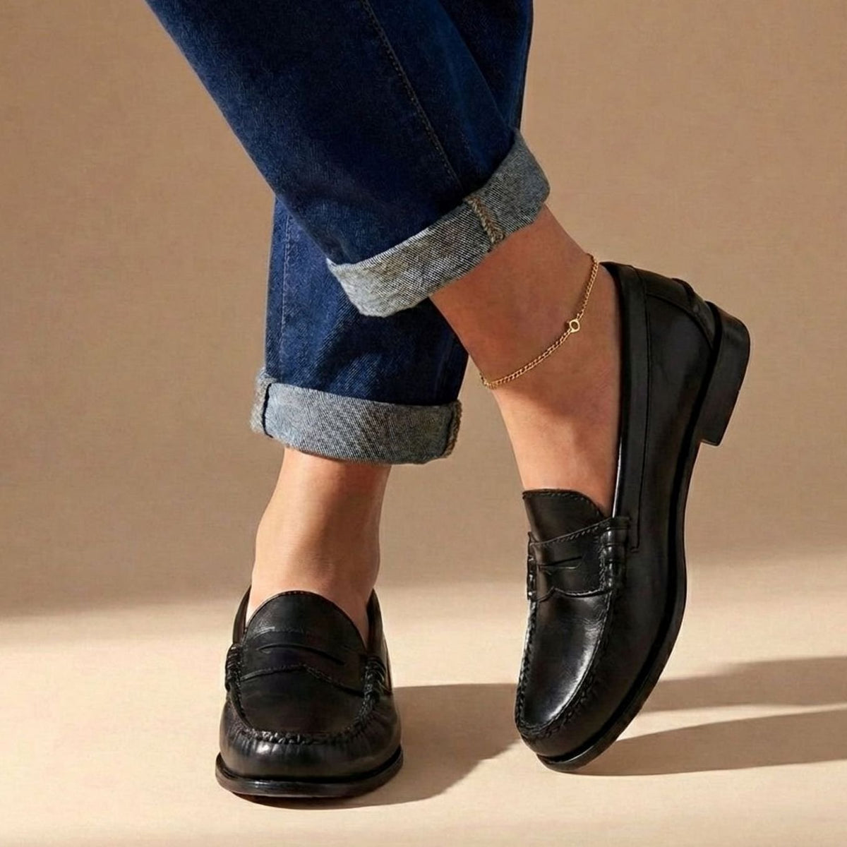 Women's Leather Penny Loafers with Moccasin Stitching - Black
