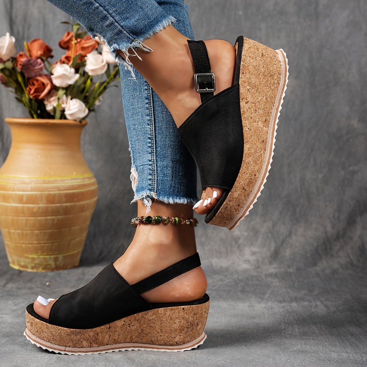 Women's Leopard Print Cork Wedge Buckle Ankle Strap Comfortable Sandals