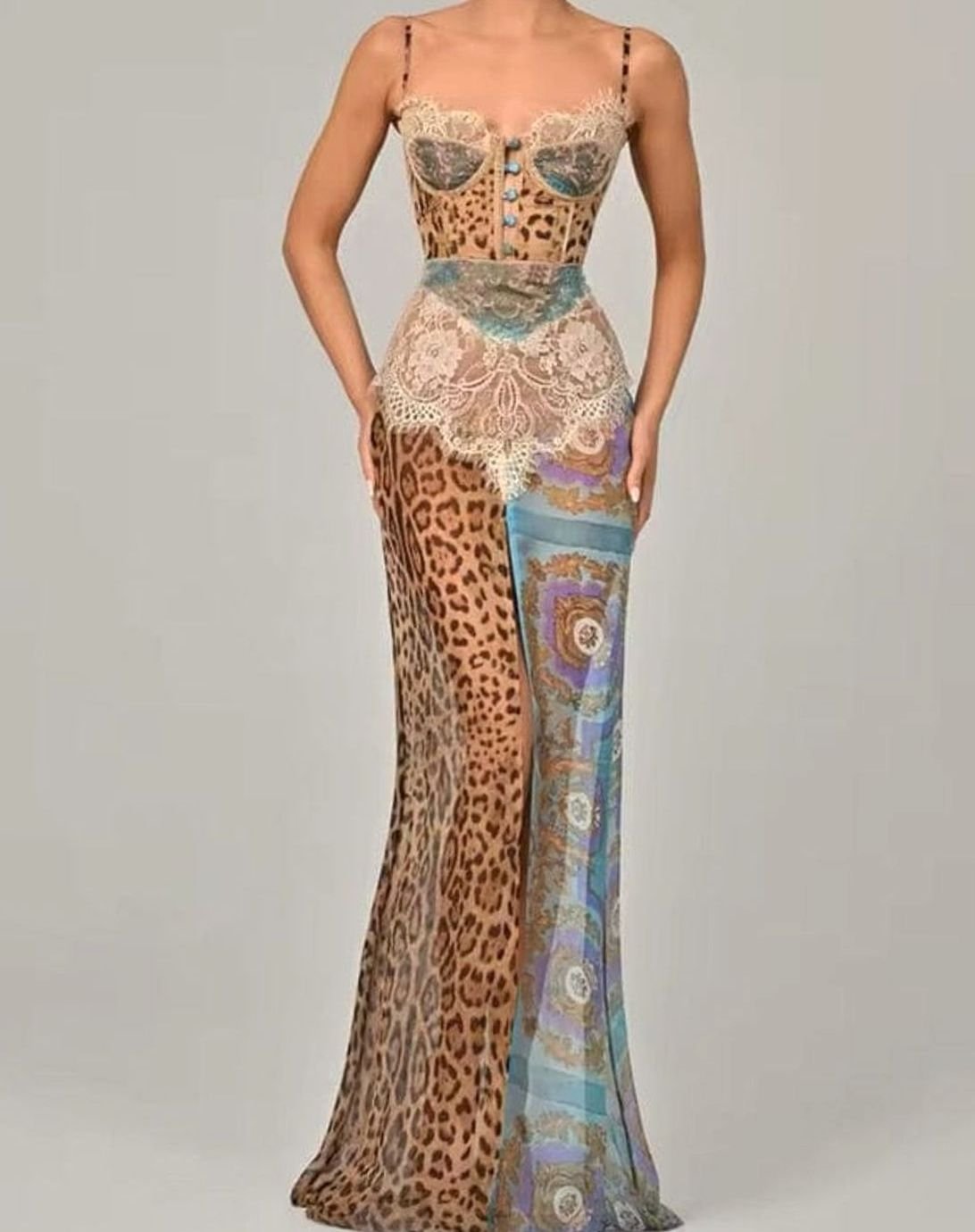 Women's Leopard Print Lace Bodice Sleeveless Maxi Party Dress - Blue