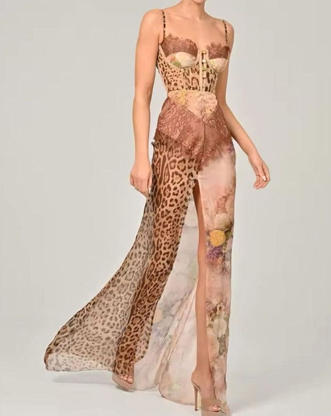 Women's Leopard Print Lace Bodice Sleeveless Maxi Party Dress - Brown