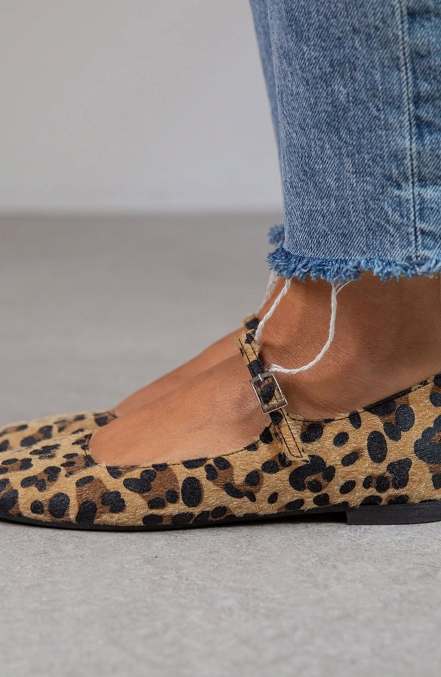Women's Leopard Print Mary-Jane Ballet Flats Buckle Strap - Leopard