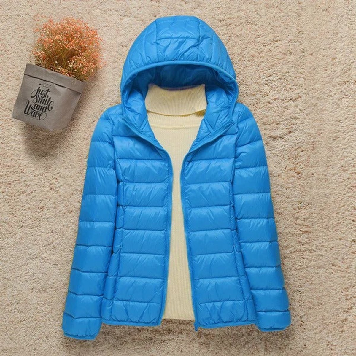 Women's Lightweight Hooded Quilted Jacket Packable Puffer - Light Blue