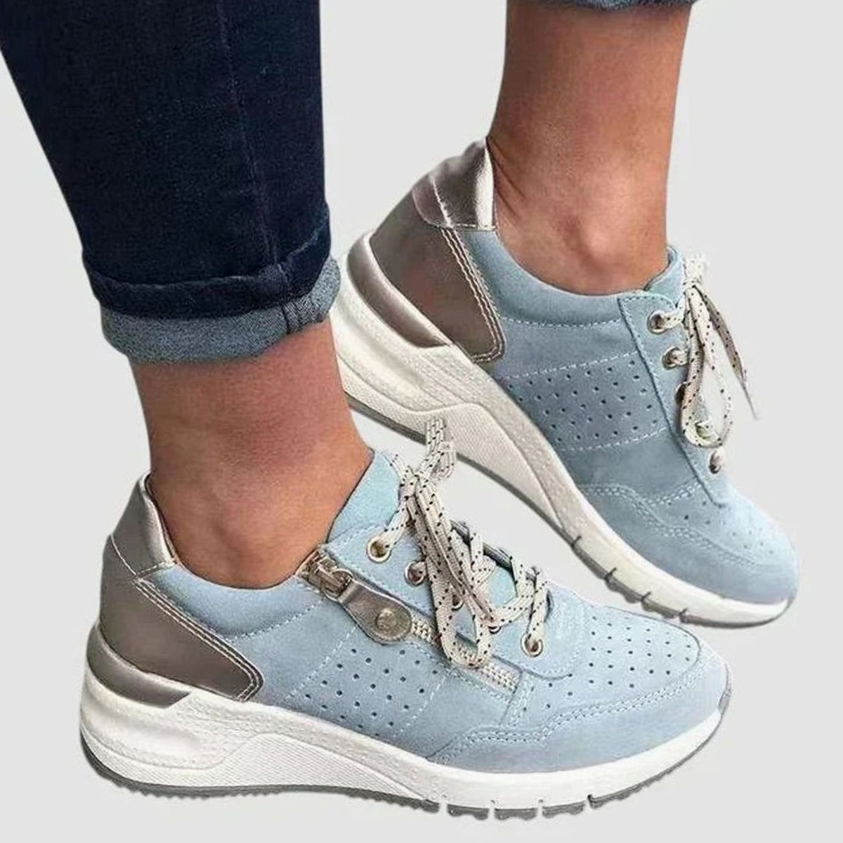 Women's Lightweight Lace-Up Wedge Walking Shoes Arch Support Trainers - Blue