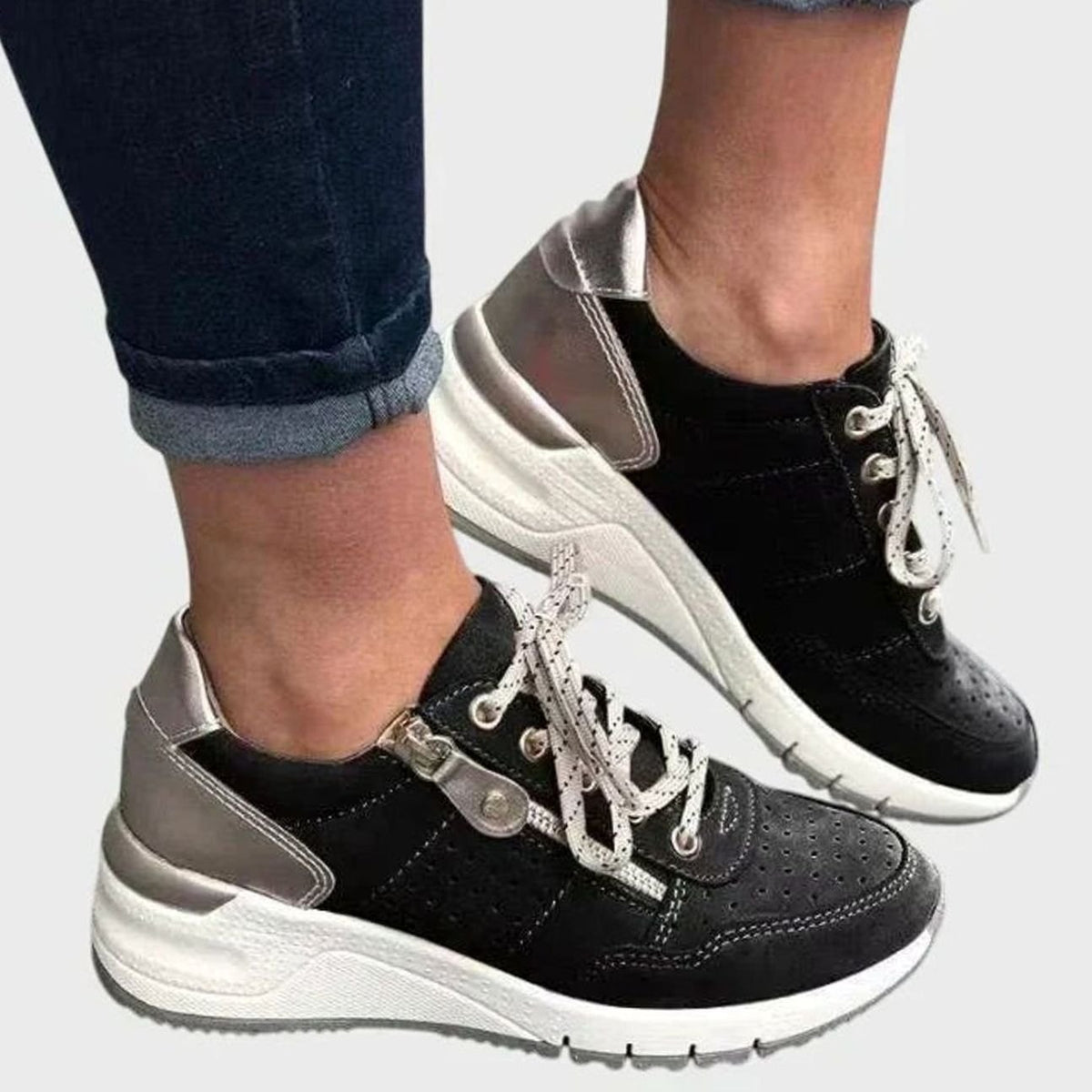 Women's Lightweight Lace-Up Wedge Walking Shoes Arch Support Trainers - Black