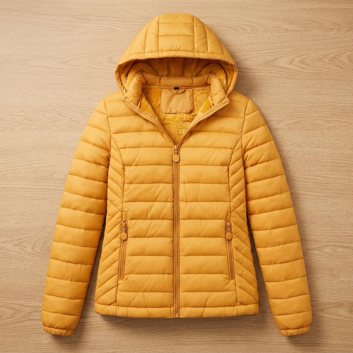 Women's Lightweight Quilted Hooded Puffer Jacket Fleece Lined - Yellow