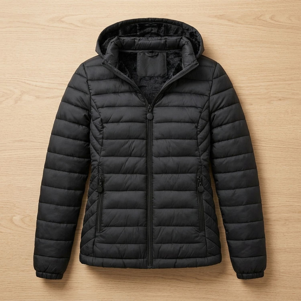 Women's Lightweight Quilted Hooded Puffer Jacket Fleece Lined - Black