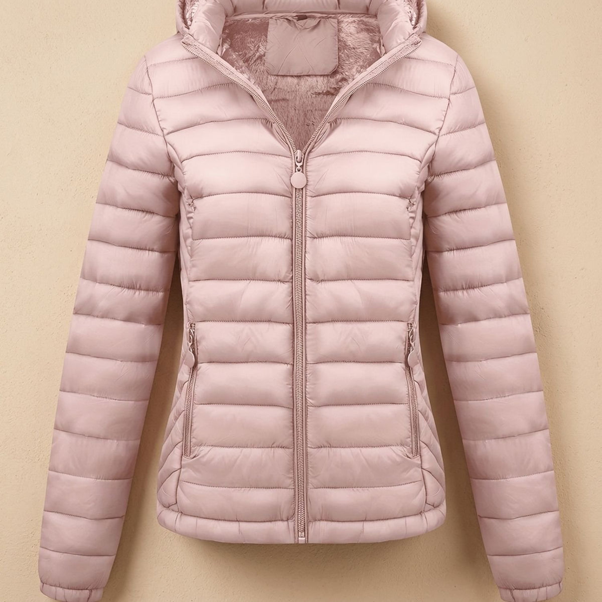 Women's Lightweight Quilted Hooded Puffer Jacket Fleece Lined - Light Pink