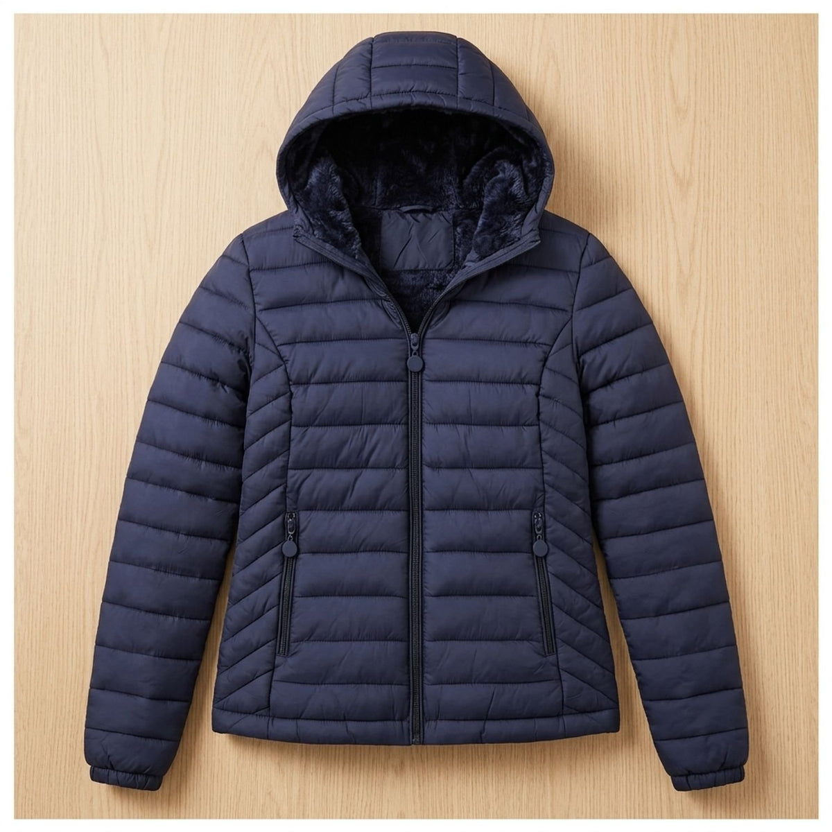 Women's Lightweight Quilted Hooded Puffer Jacket Fleece Lined - Navy Blue