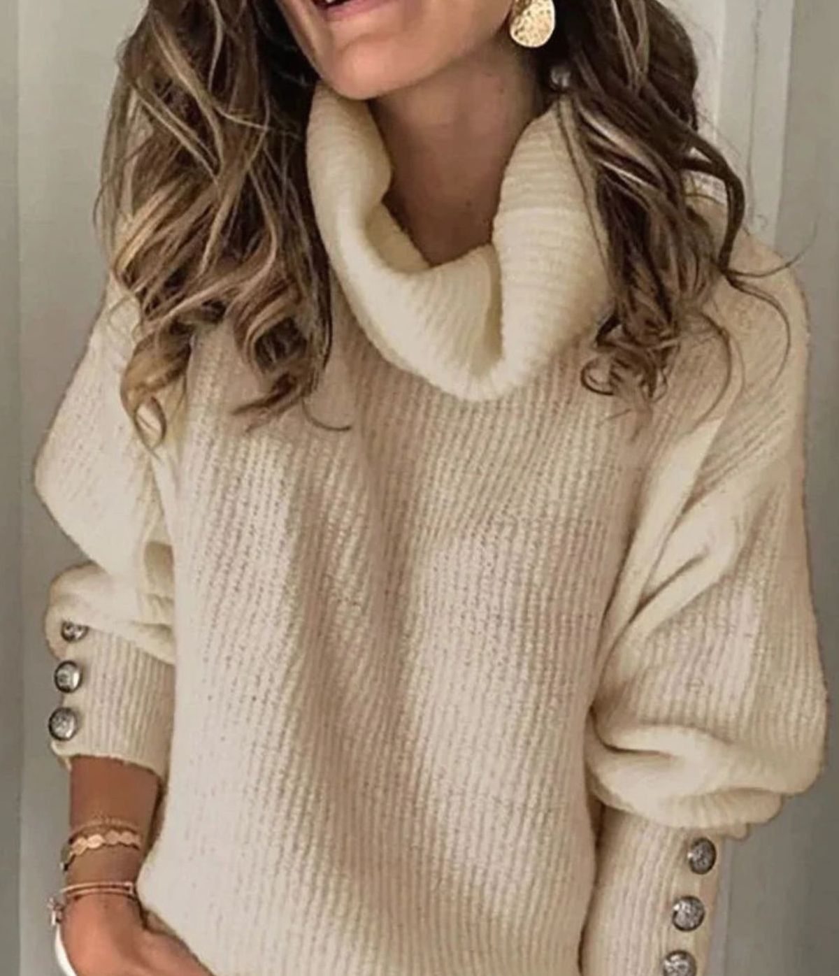 Women's Lightweight Roll Neck Jumper Button-Cuff Ribbed Knit - Beige