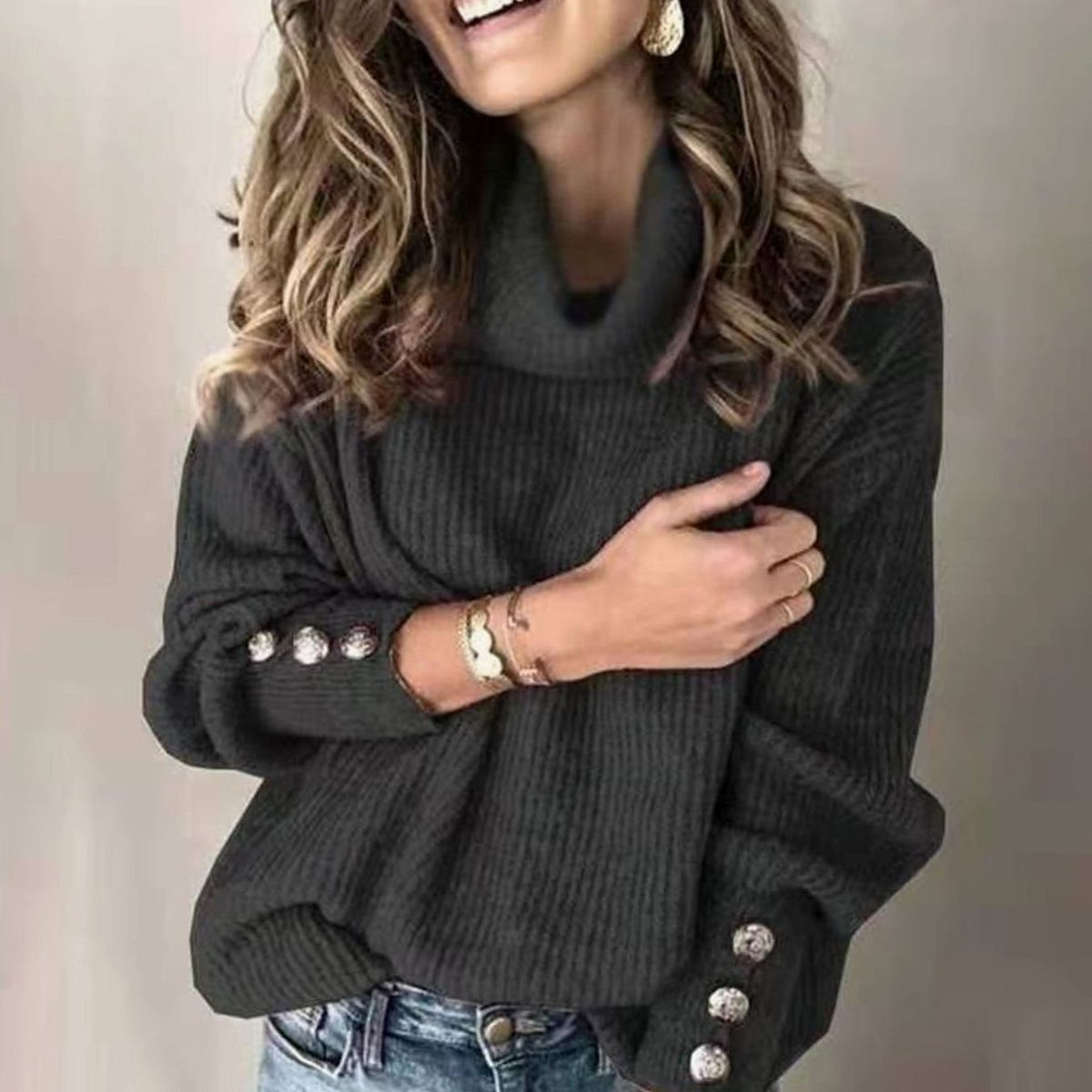Women's Lightweight Roll Neck Jumper Button-Cuff Ribbed Knit - Black