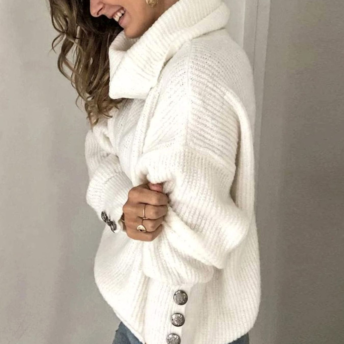 Women's Lightweight Roll Neck Jumper Button-Cuff Ribbed Knit