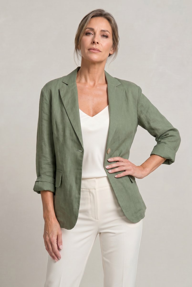 Women's Lightweight Single-Button Relaxed-Fit Summer Coat Blazer - Green