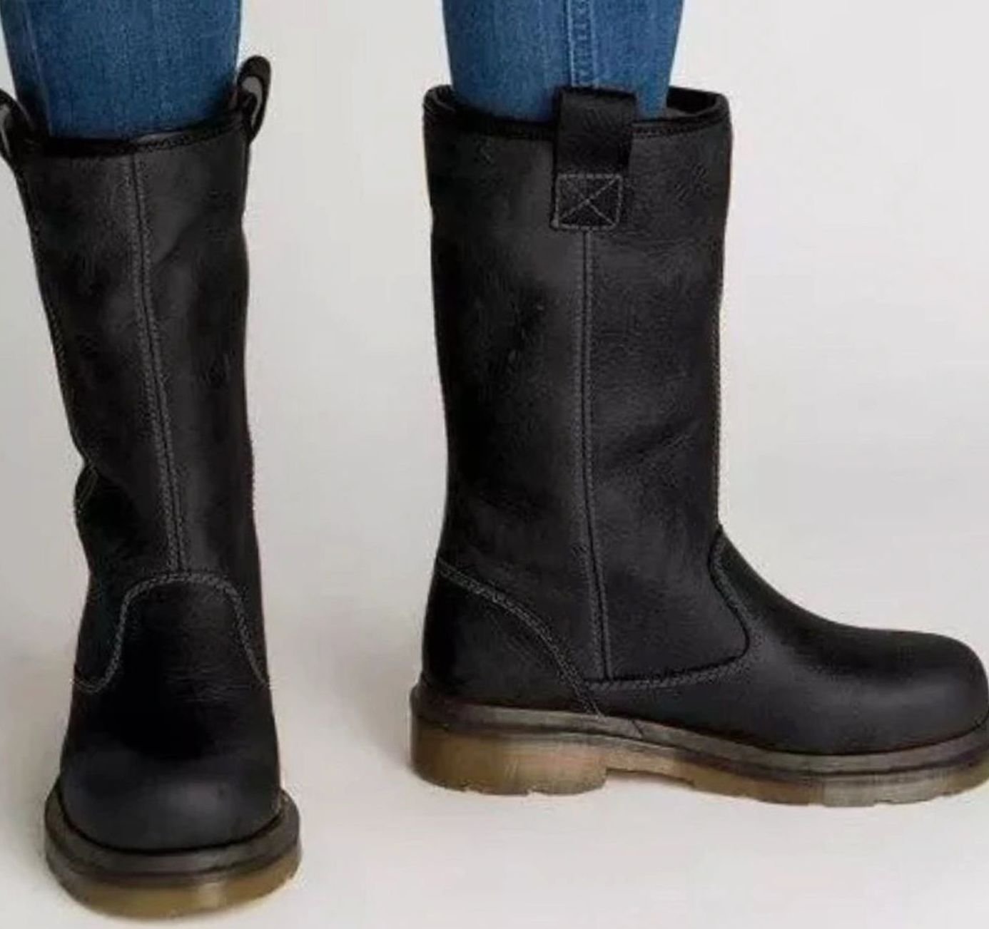 Women's Lined Fleece Mid-Calf Pull-On Leather Boots - Black