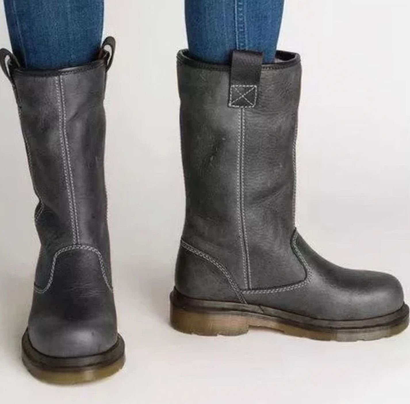 Women's Lined Fleece Mid-Calf Pull-On Leather Boots - Grey
