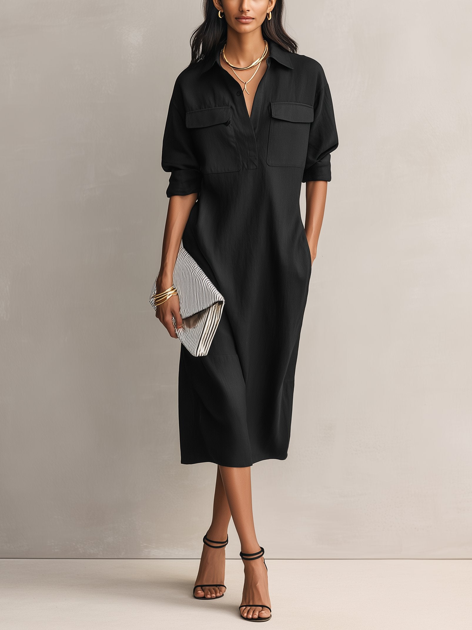 Women's Linen Blend Midi Shirt Dress V-Neck Elbow Sleeve