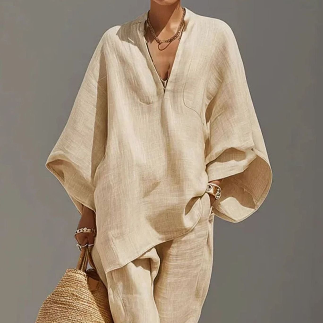 Women's Linen Blend Wide-Sleeve V-Neck Loungewear Two-Piece Set