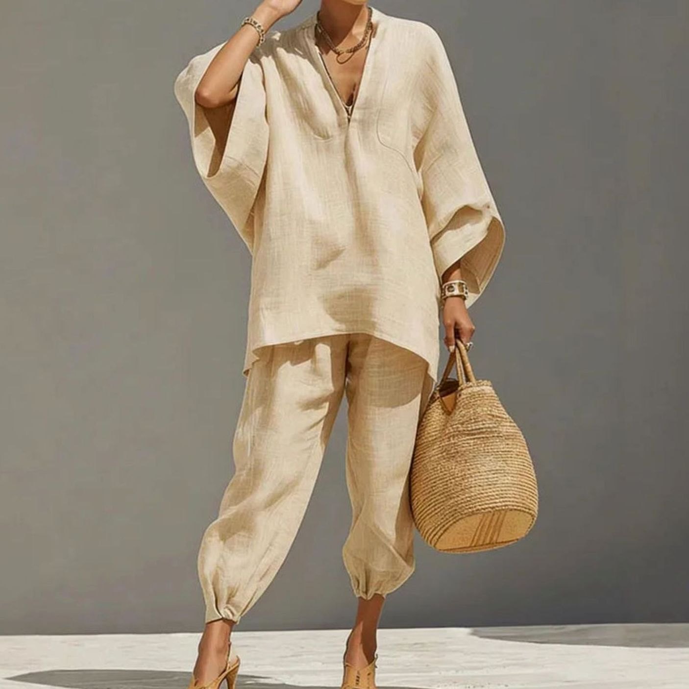 Women's Linen Blend Wide-Sleeve V-Neck Loungewear Two-Piece Set - Apricot