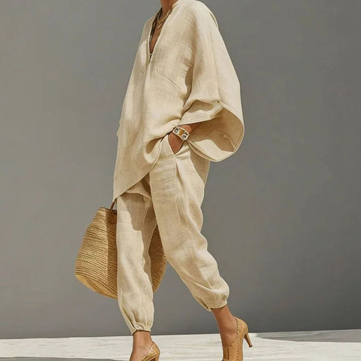 Women's Linen Blend Wide-Sleeve V-Neck Loungewear Two-Piece Set