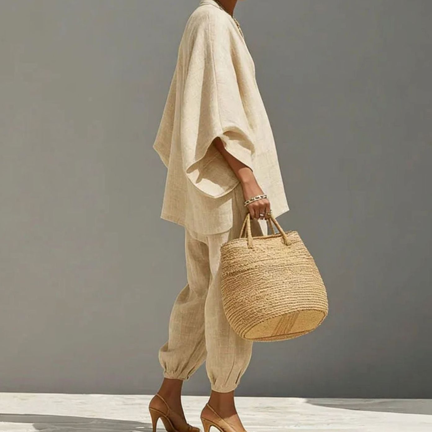 Women's Linen Blend Wide-Sleeve V-Neck Loungewear Two-Piece Set