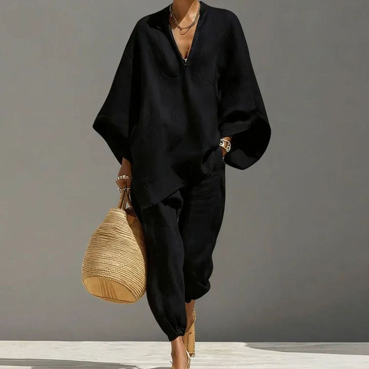 Women's Linen Blend Wide-Sleeve V-Neck Loungewear Two-Piece Set - Black