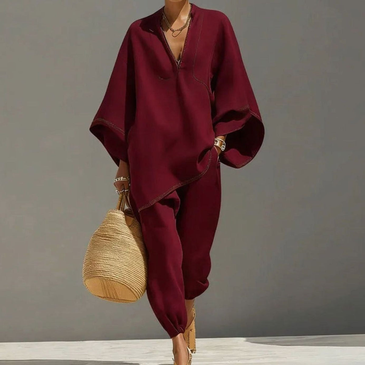 Women's Linen Blend Wide-Sleeve V-Neck Loungewear Two-Piece Set - Wine Red