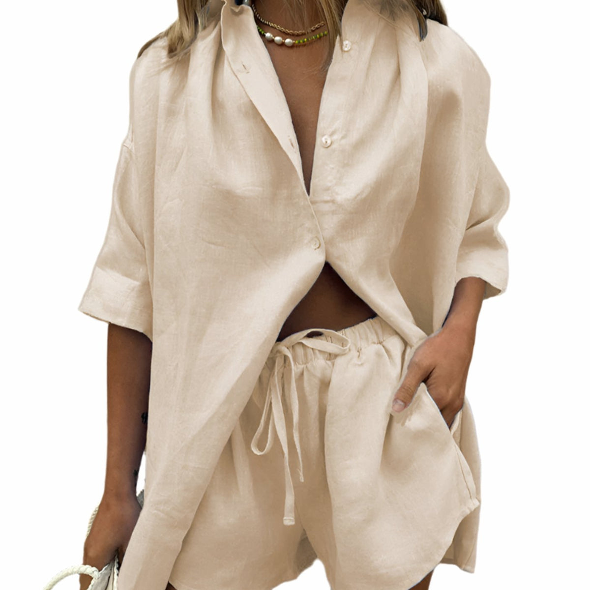 Women's Linen-Feel Button-Up Shirt Shorts Two-Piece Loungewear Set - Beige
