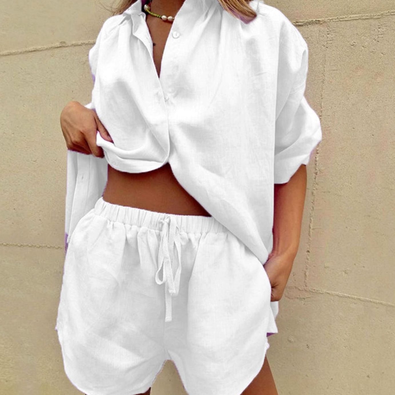 Women's Linen-Feel Button-Up Shirt Shorts Two-Piece Loungewear Set