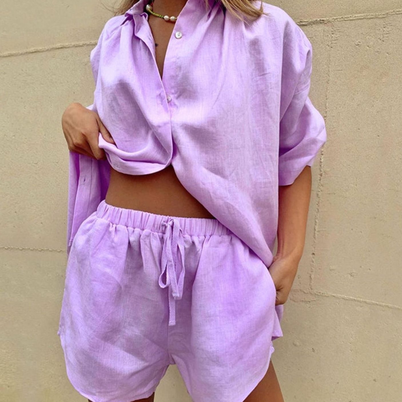 Women's Linen-Feel Button-Up Shirt Shorts Two-Piece Loungewear Set