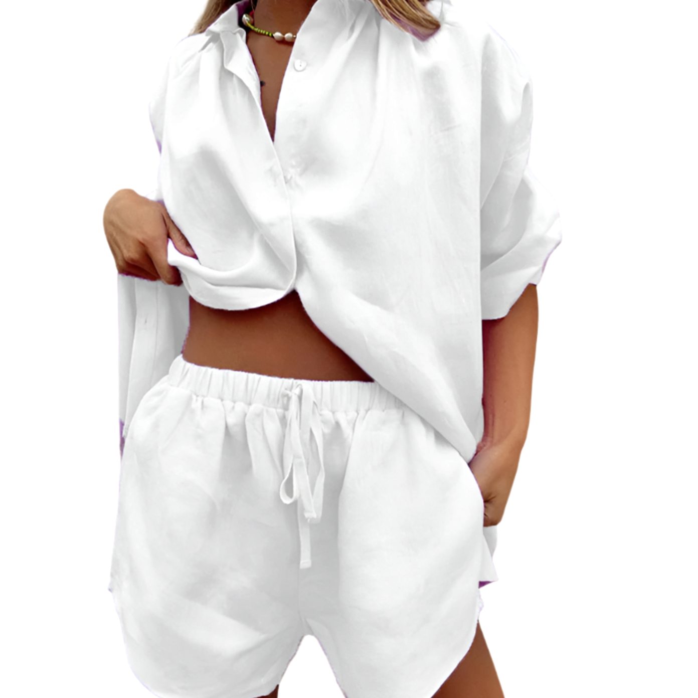 Women's Linen-Feel Button-Up Shirt Shorts Two-Piece Loungewear Set - White