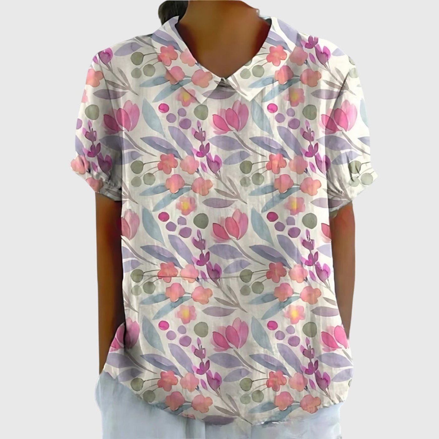 Women's Linen Floral Print Short Sleeve Peter Pan Collar Blouse - White 7