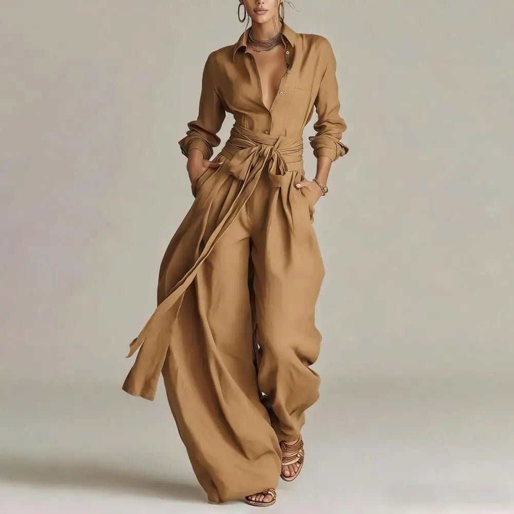 Women's Linen High-Waist Wide-Leg Trousers Open-Collar Shirt Co-Ord Set - Khaki