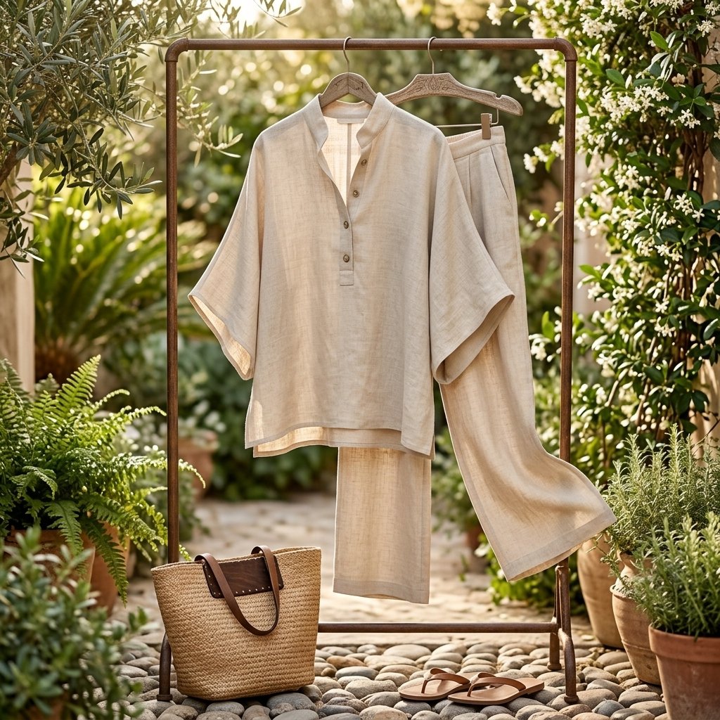 Women's Linen Kimono-Sleeve Mandarin-Collar Wide-Leg Trouser Set
