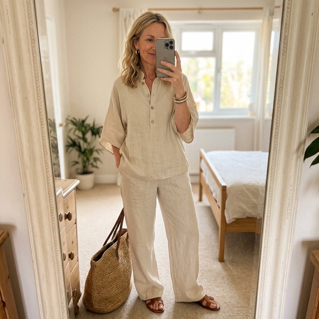 Women's Linen Kimono-Sleeve Mandarin-Collar Wide-Leg Trouser Set