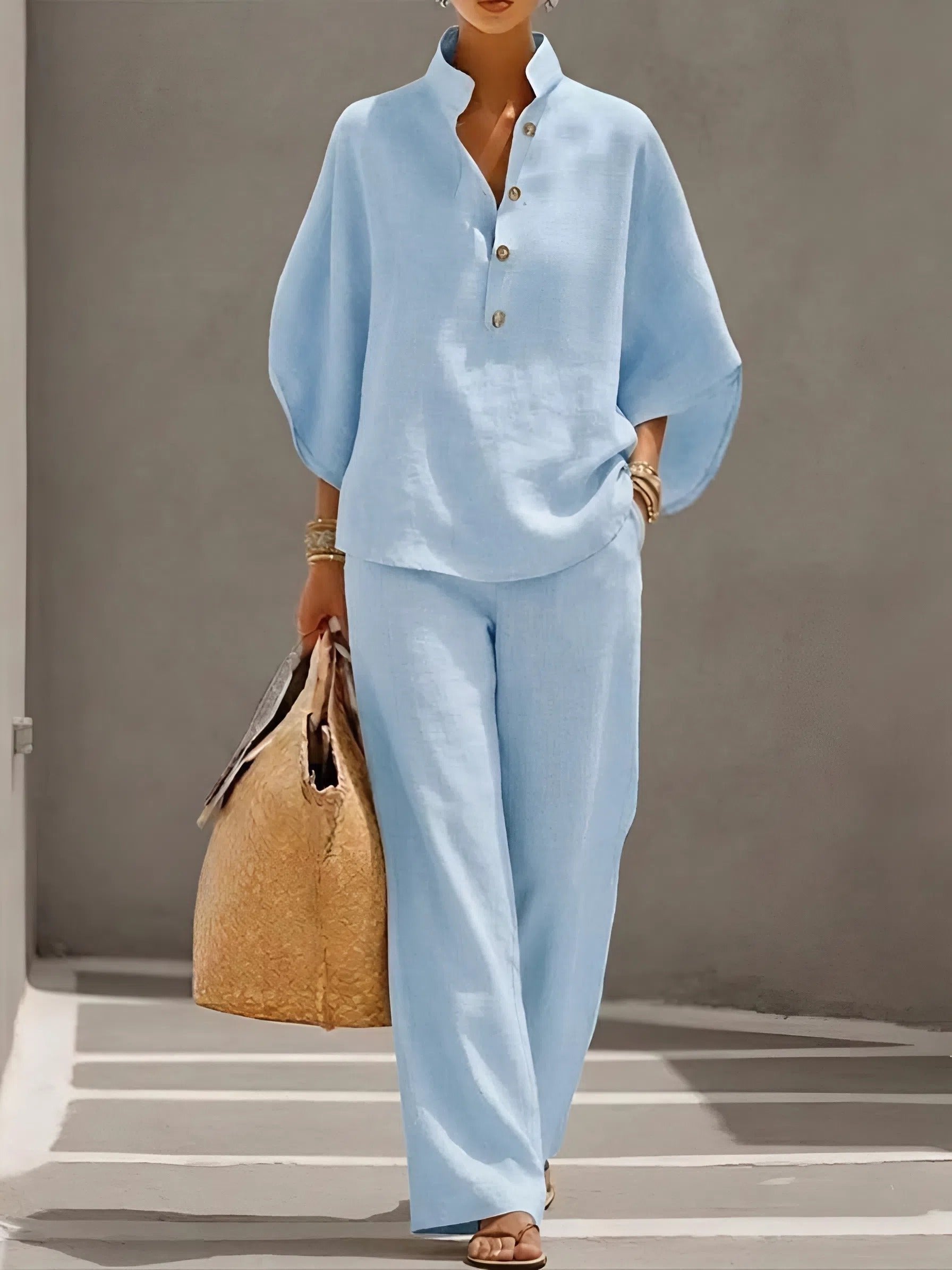 Women's Linen Kimono-Sleeve Mandarin-Collar Wide-Leg Trouser Set - Light BLue