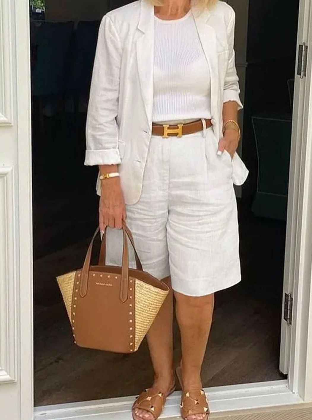 Women's Linen-Look Blazer Shorts Two-Piece Set - White