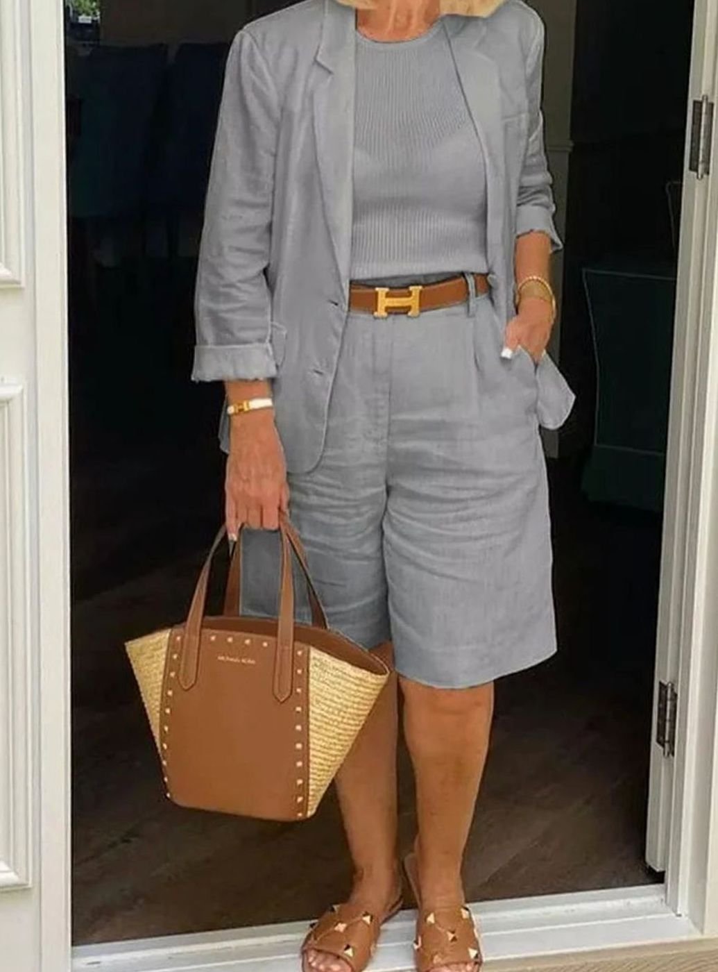 Women's Linen-Look Blazer Shorts Two-Piece Set - Grey