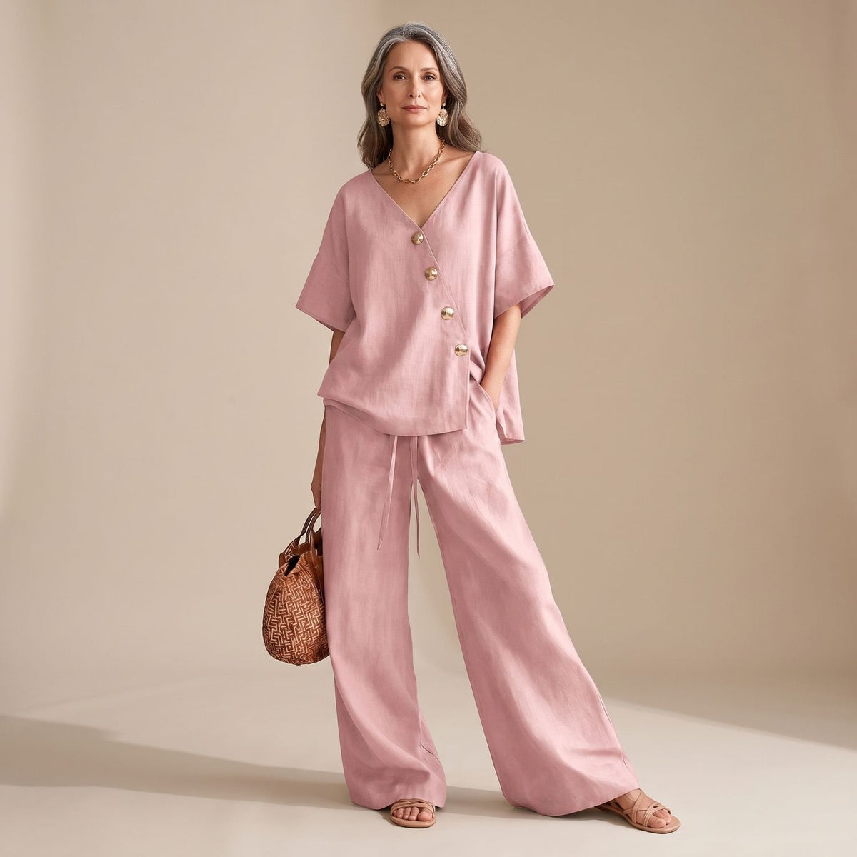 Women's Linen-Look V-Neck Button Wide-Leg Coord Set - Pink
