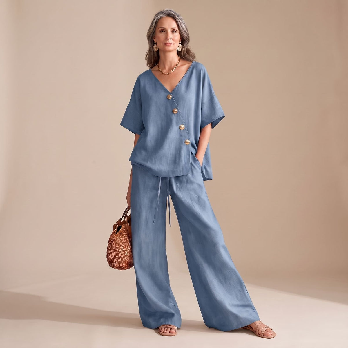 Women's Linen-Look V-Neck Button Wide-Leg Coord Set - Blue