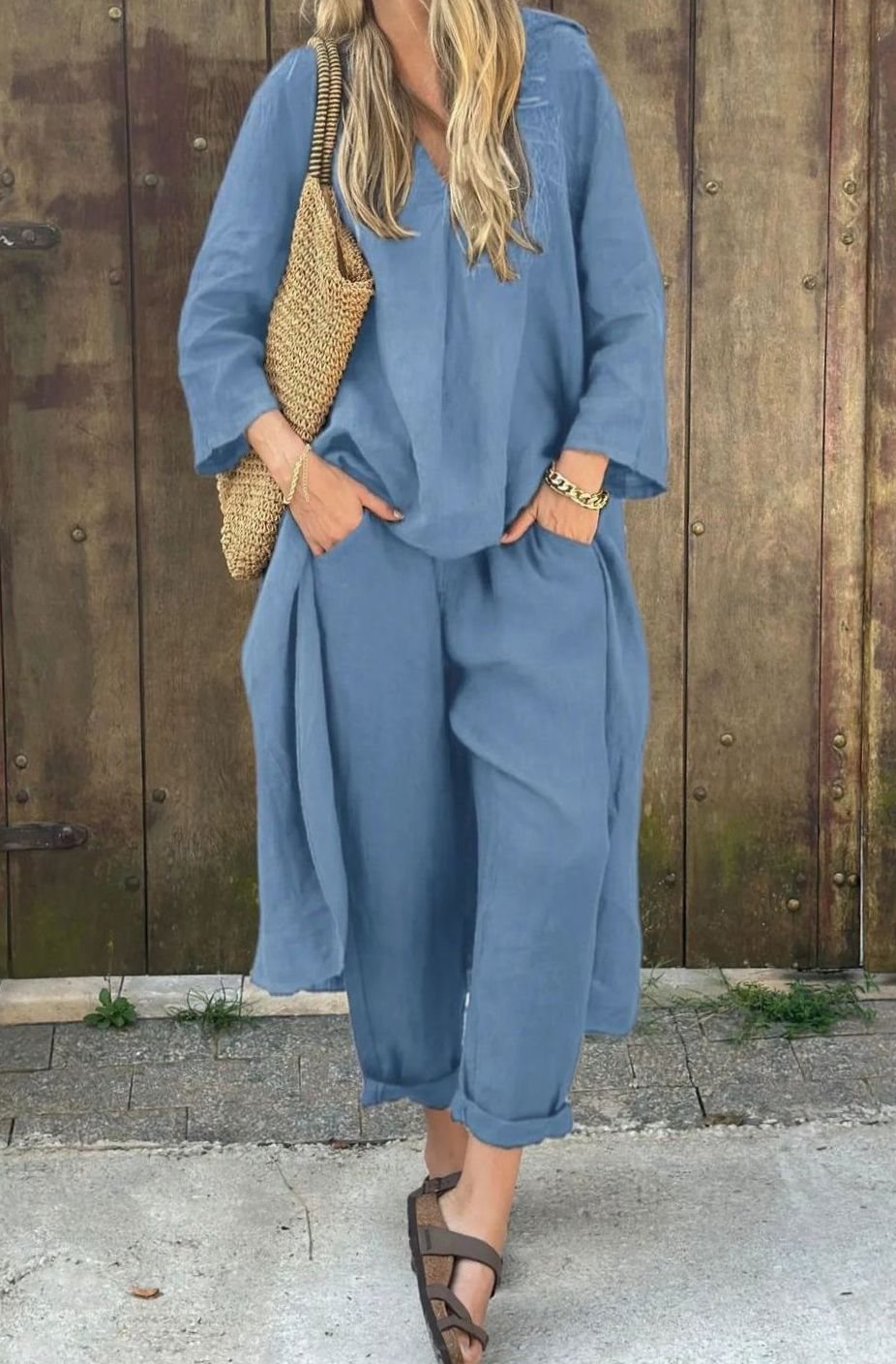 Women's Linen Two-Piece Set Relaxed V-Neck Top Cropped Trousers Co Ord