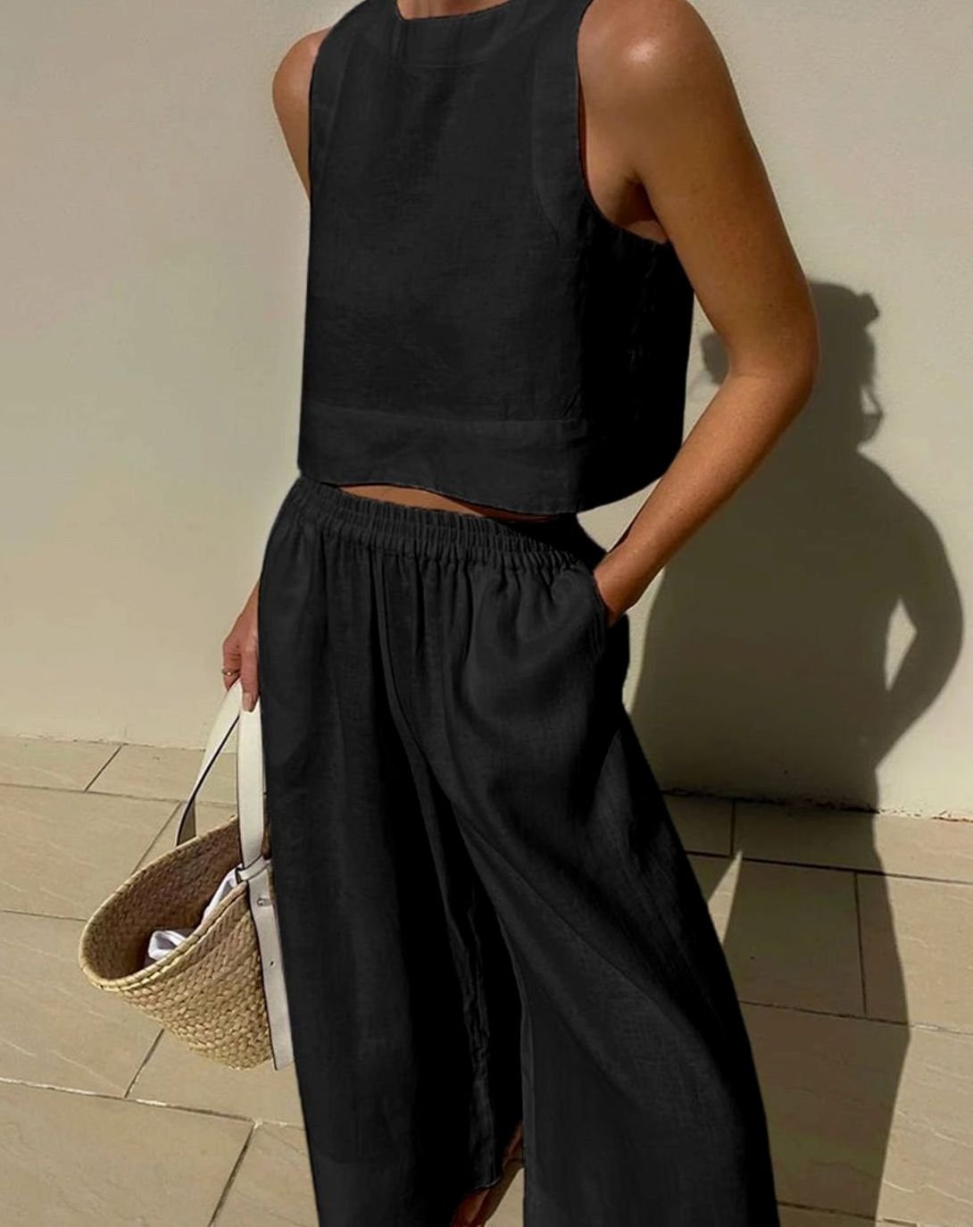 Women's Linen Two-Piece Set Sleeveless Crop Top Wide-Leg Trousers - Black