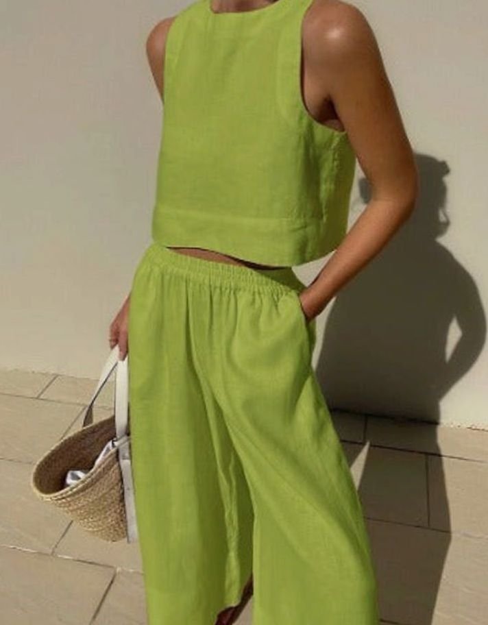 Women's Linen Two-Piece Set Sleeveless Crop Top Wide-Leg Trousers - Green